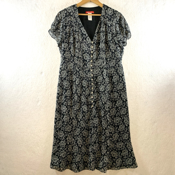 Anne Klein Womens Silk Midi Dress Sz 8 Black Chiffon Floral Flowy Dark Cottage - Picture 1 of 16